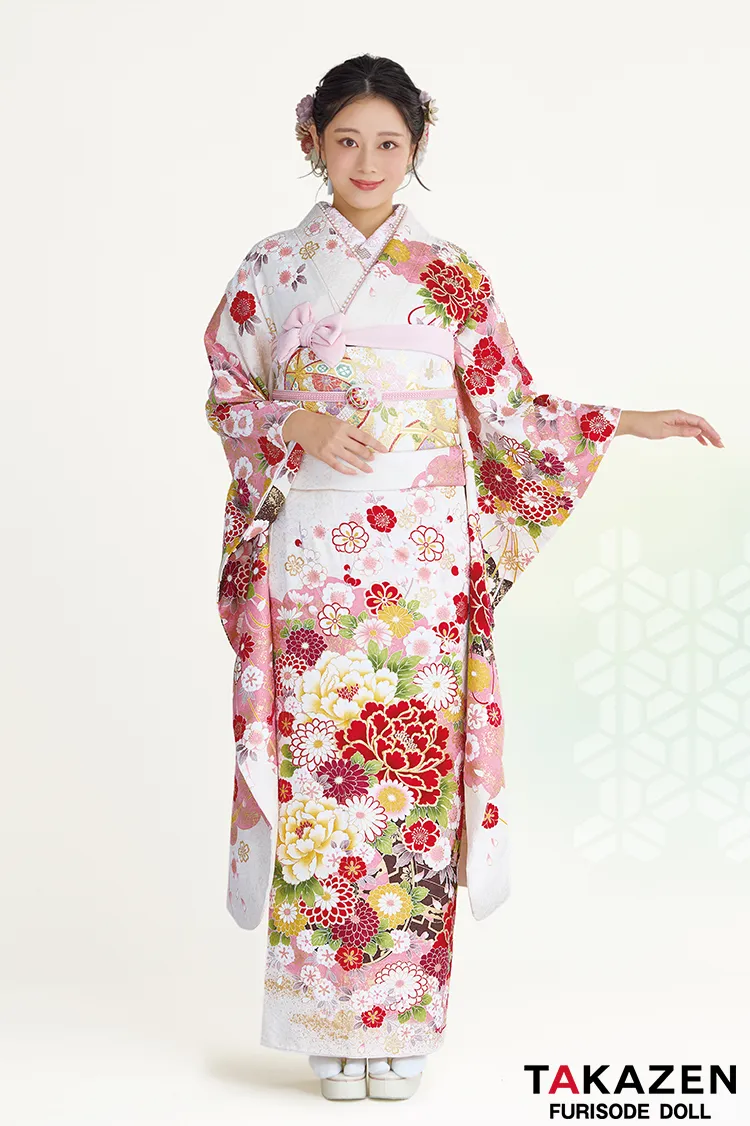 正統派古典　白ピンク　牡丹柄　かわいい振袖　金彩刺繍京友禅　女の子らしい振袖ネットレンタル　人気　伝統的　佐藤不二子　32051