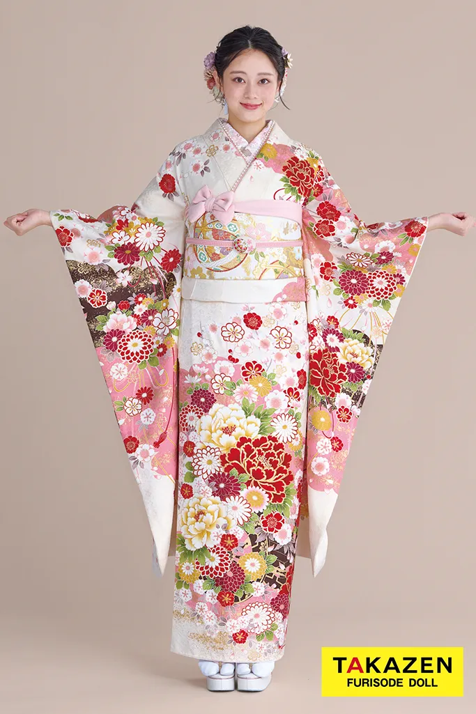 正統派古典　白ピンク　牡丹柄　かわいい振袖　金彩刺繍京友禅　女の子らしい振袖ネットレンタル　人気　伝統的　佐藤不二子　32051