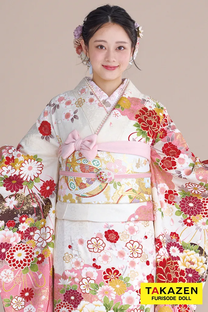 正統派古典　白ピンク　牡丹柄　かわいい振袖　金彩刺繍京友禅　女の子らしい振袖ネットレンタル　人気　伝統的　佐藤不二子　32051