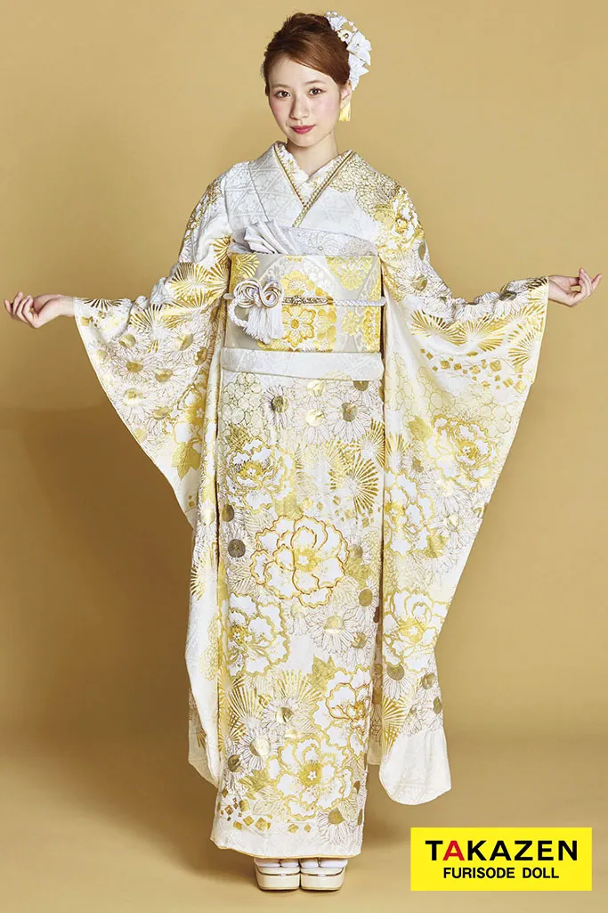 最新作プレミアム古典　白金/白地　滝泰　最高級金彩刺繍絞り友禅　牡丹柄　きれいめ　かわいい　上品　清楚系振袖ネットレンタル　白宮みずほ　27053