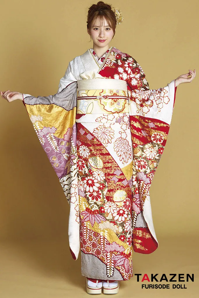 最高級古典柄振袖　滝泰/最高級金彩刺繍絞り友禅　赤/金　貝桶柄/牡丹柄　大人っぽい　豪華な振袖ネットレンタル　絞り　白宮みずほ　26039