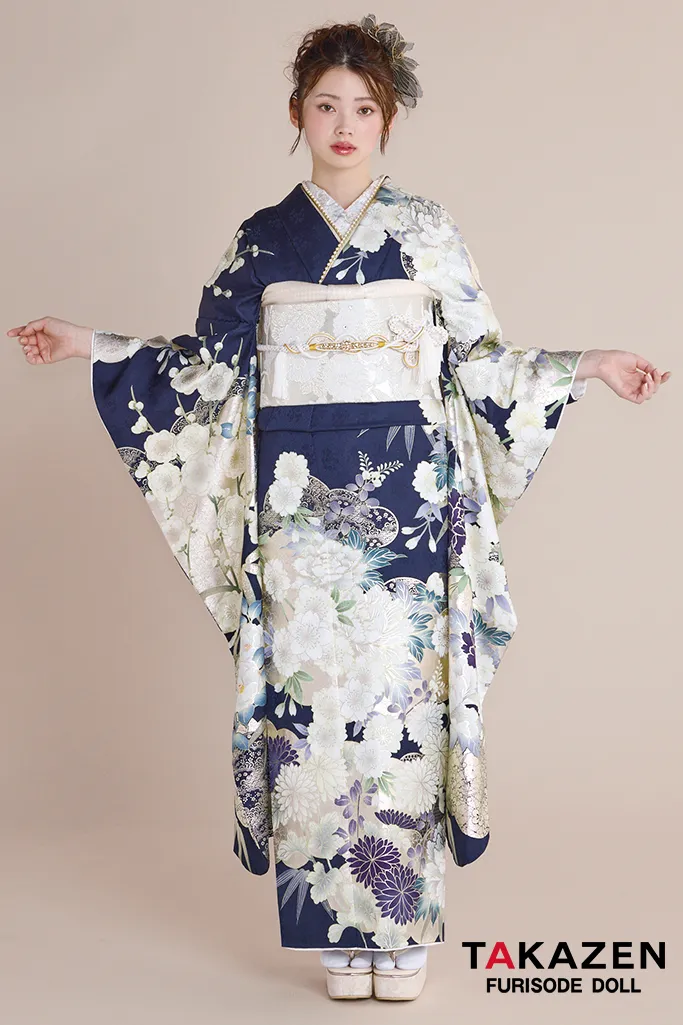 最新作正統派古典　紺色/ネイビー　菊柄　綺麗　大人っぽい　華やか　美しい振袖ネットレンタル　上品　南琴奈　27032