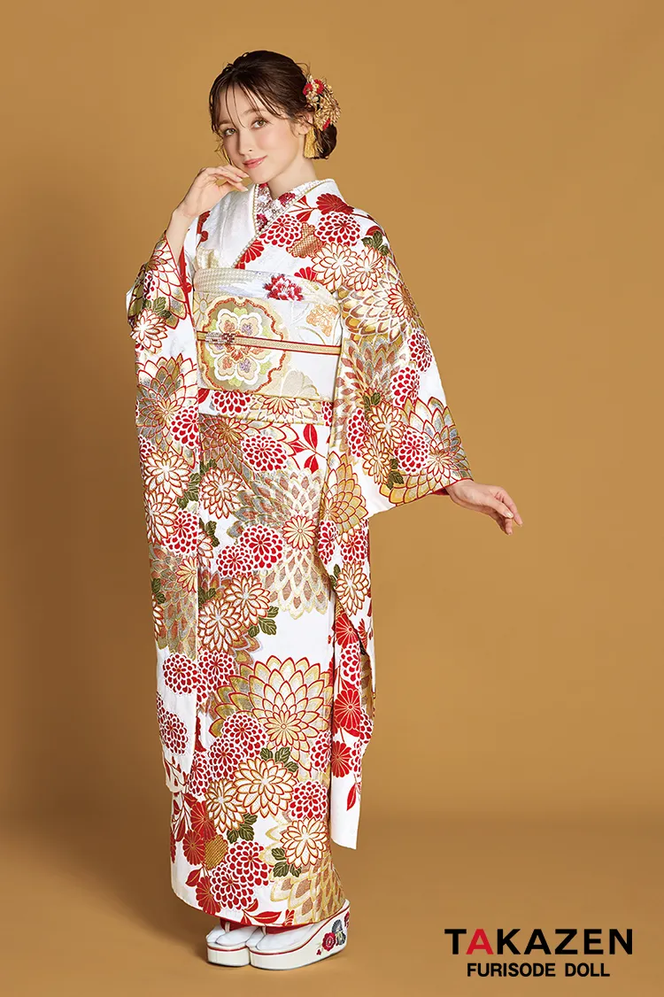 最高級古典柄振袖　滝泰/最高級金彩刺繍絞り友禅　白/金/茶　鞠柄/牡丹柄　大人っぽい　豪華　上品な振袖　天翔愛　24040