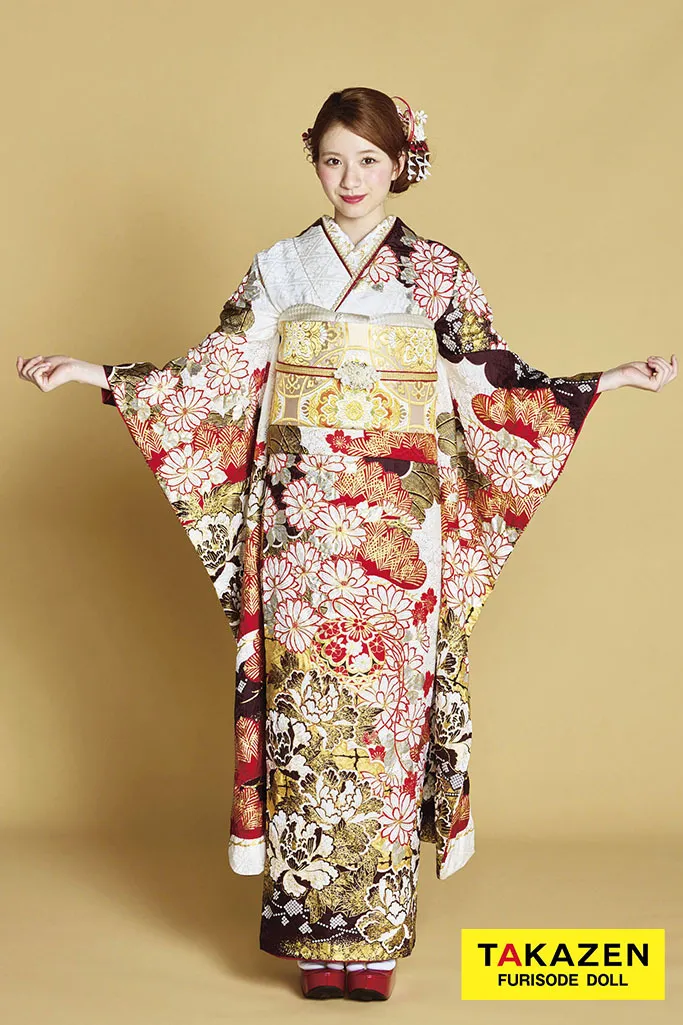 プレミアム古典柄振袖　滝泰/最高級金彩刺繍絞り友禅　赤/金　鞠柄/牡丹柄　大人っぽい　絞り振袖ネットレンタル　白宮みずほ　26040