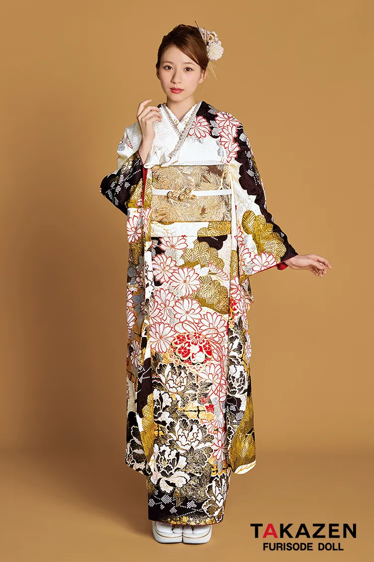 最高級古典柄振袖 滝泰/最高級金彩刺繍絞り友禅 白/金/茶 鞠柄/牡丹柄