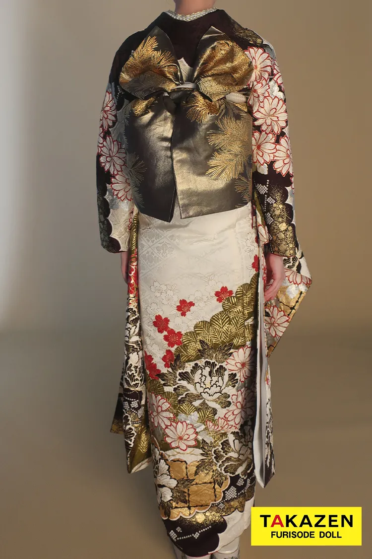 最高級古典柄振袖　滝泰/最高級金彩刺繍絞り友禅　白/金/茶　鞠柄/牡丹柄　大人っぽい　豪華　上品　天翔愛　24042
