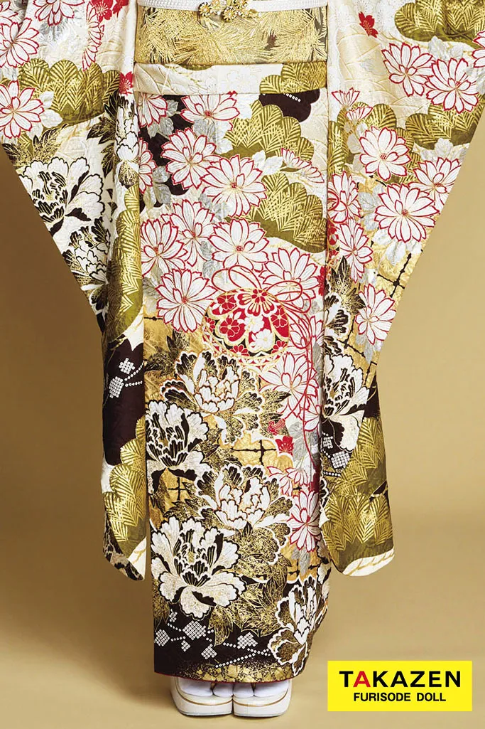 最高級古典柄振袖　滝泰/最高級金彩刺繍絞り友禅　白/金/茶　鞠柄/牡丹柄　大人っぽい　豪華　上品　天翔愛　24042