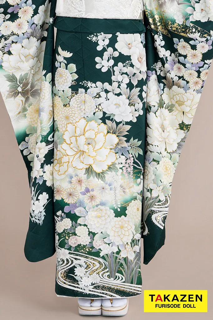 最新作正統派古典　緑/グリーン　牡丹柄/菊柄/流水模様　綺麗　大人っぽい　華やか　東京レトロブランド振袖ネットレンタル　白宮みずほ　27033