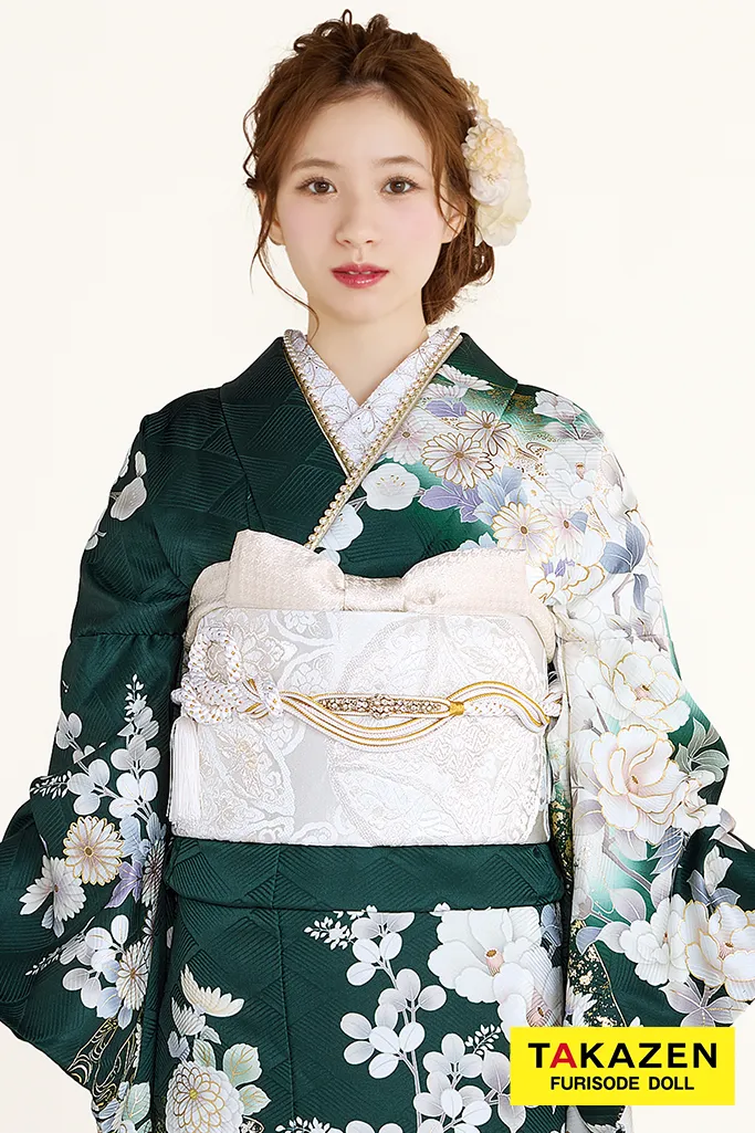 最新作正統派古典　緑/グリーン　牡丹柄/菊柄/流水模様　綺麗　大人っぽい　華やか　東京レトロブランド振袖ネットレンタル　白宮みずほ　27033