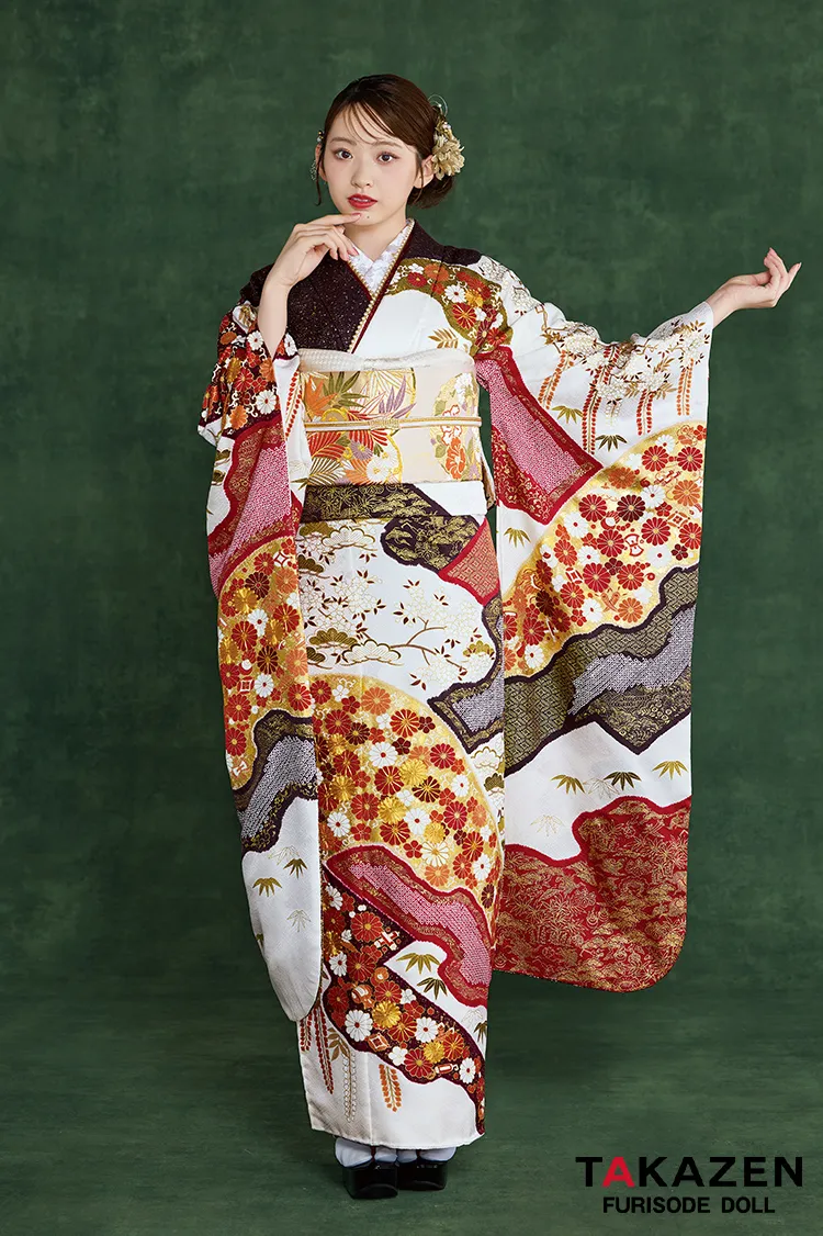 プレミアム古典　青柳/最高級金駒繍絞り手描友禅　白/赤　菊柄　高級振袖ネットレンタル　綺麗　はんなり　豪華　村上なずな　26045