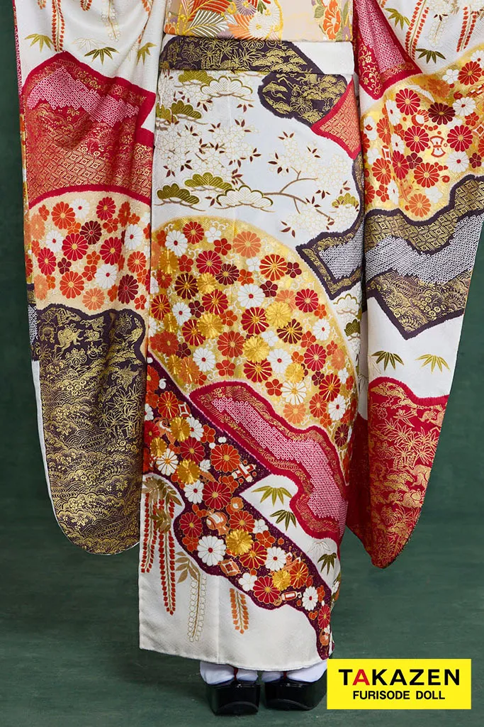 プレミアム古典 青柳/最高級金駒繍絞り手描友禅 白/赤 菊柄 高級振袖