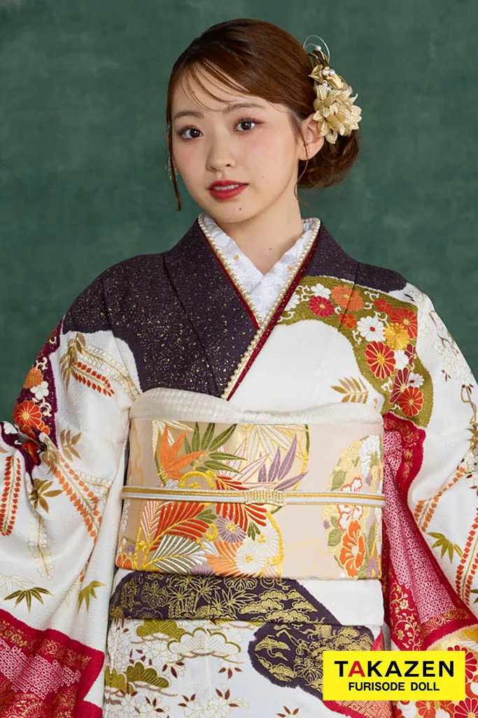 プレミアム古典 青柳/最高級金駒繍絞り手描友禅 白/赤 菊柄 高級振袖