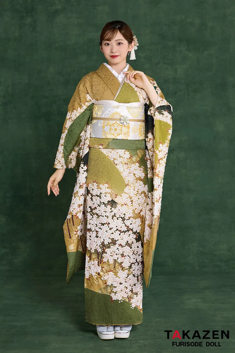 プレミアム古典　青柳/最高級絞り手描友禅　緑/鶸色　桜柄　高級振袖　大人っぽい　人とかぶらない振袖ネットレンタル　村上なずな　26046