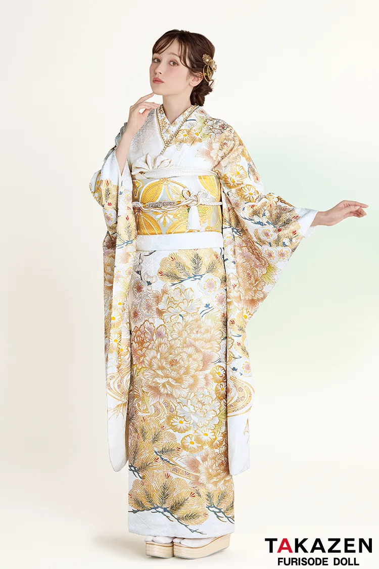 正統派古典　白金/ゴールド　牡丹柄　エレガント　綺麗　大人っぽい　無彩色　金彩京友禅　古典柄一番人気振袖ネットレンタル　23031