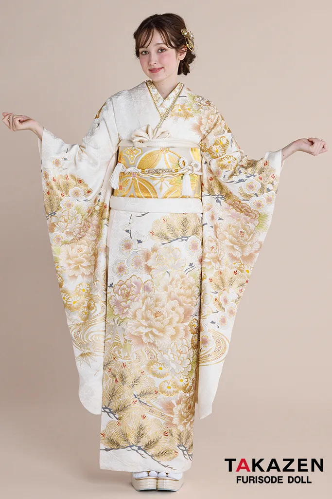 正統派古典　白金/ゴールド　牡丹柄　エレガント　綺麗　大人っぽい　無彩色　金彩京友禅　古典柄一番人気振袖ネットレンタル　23031