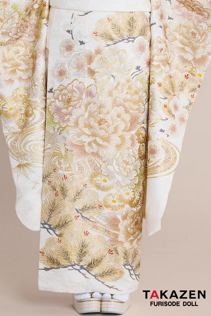正統派古典　白金/ゴールド　牡丹柄　エレガント　綺麗　大人っぽい　無彩色　金彩京友禅　古典柄一番人気振袖ネットレンタル　23031