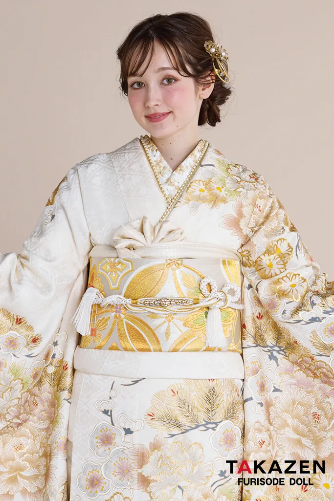 正統派古典　白金/ゴールド　牡丹柄　エレガント　綺麗　大人っぽい　無彩色　金彩京友禅　古典柄一番人気振袖ネットレンタル　23031