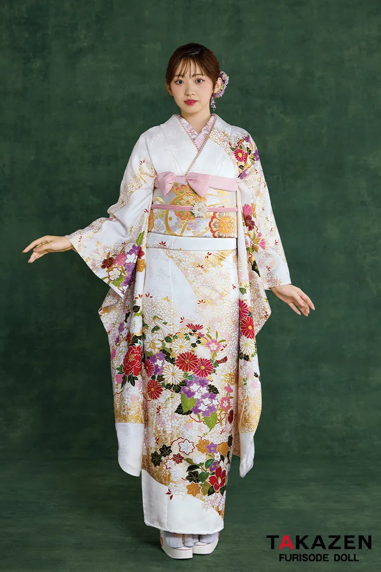 プレミアム古典　青柳/最高級絞り手描友禅　白　菊柄　上品な振袖　綺麗　柄小さめ　かわいらしい振袖ネットレンタル　村上なずな　26047