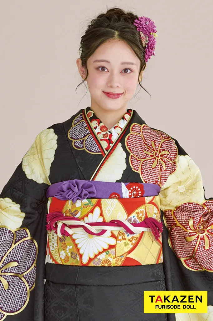 正統派古典　黒/赤/紫　ねじり梅柄/すっきり柄　シンプル　絞り風　シック　大人っぽい　柄大きめ振袖ネットレンタル　佐藤不二子　24048