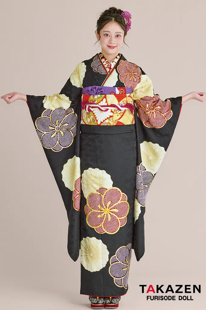 正統派古典　黒/赤/紫　ねじり梅柄/すっきり柄　シンプル　絞り風　シック　大人っぽい　柄大きめ振袖ネットレンタル　佐藤不二子　24048