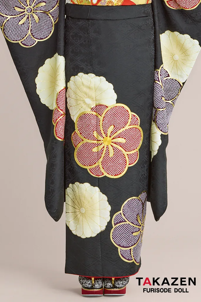 正統派古典　黒/赤/紫　ねじり梅柄/すっきり柄　シンプル　絞り風　シック　大人っぽい　柄大きめ振袖ネットレンタル　佐藤不二子　24048