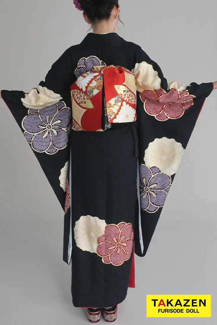 正統派古典　黒/赤/紫　ねじり梅柄/すっきり柄　シンプル　絞り風　シック　大人っぽい　柄大きめ振袖ネットレンタル　佐藤不二子　24048