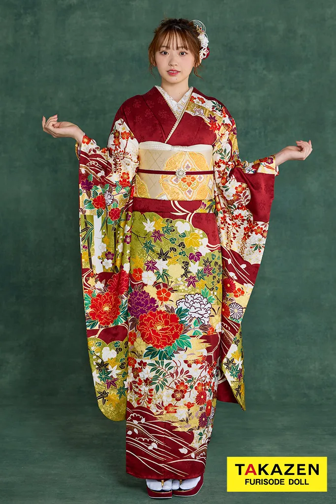 プレミアム古典　青柳/最高級金彩絞り手描友禅　エンジ　牡丹柄　大人っぽい振袖ネットレンタル　豪華　かっこいい　村上なずな　26048