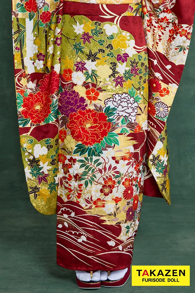 プレミアム古典　青柳/最高級金彩絞り手描友禅　エンジ　牡丹柄　大人っぽい振袖ネットレンタル　豪華　かっこいい　村上なずな　26048