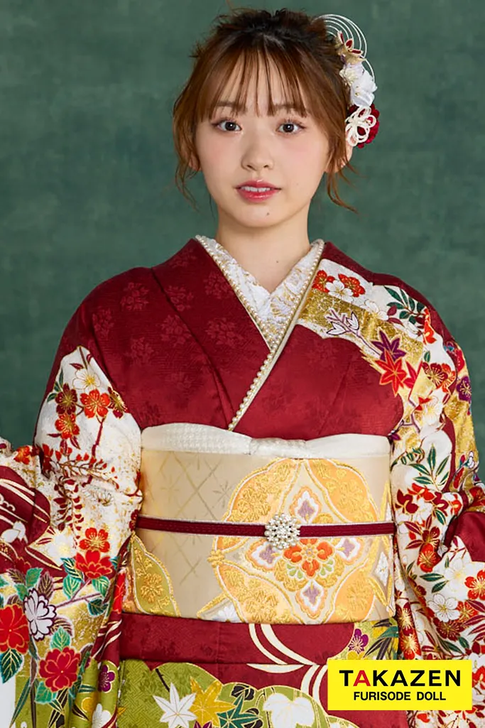 プレミアム古典　青柳/最高級金彩絞り手描友禅　エンジ　牡丹柄　大人っぽい振袖ネットレンタル　豪華　かっこいい　村上なずな　26048