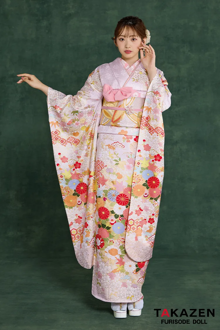 プレミアム古典　青柳/最高級手描友禅　ピンク/薄い色　菊柄　かわいらしい振袖ネットレンタル　はんなり　上品　清楚　村上なずな　26049