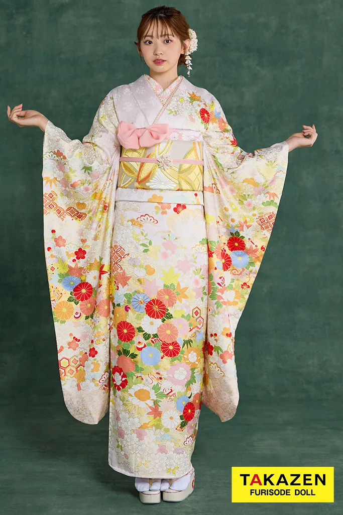 プレミアム古典　青柳/最高級手描友禅　ピンク/薄い色　菊柄　かわいらしい振袖ネットレンタル　はんなり　上品　清楚　村上なずな　26049