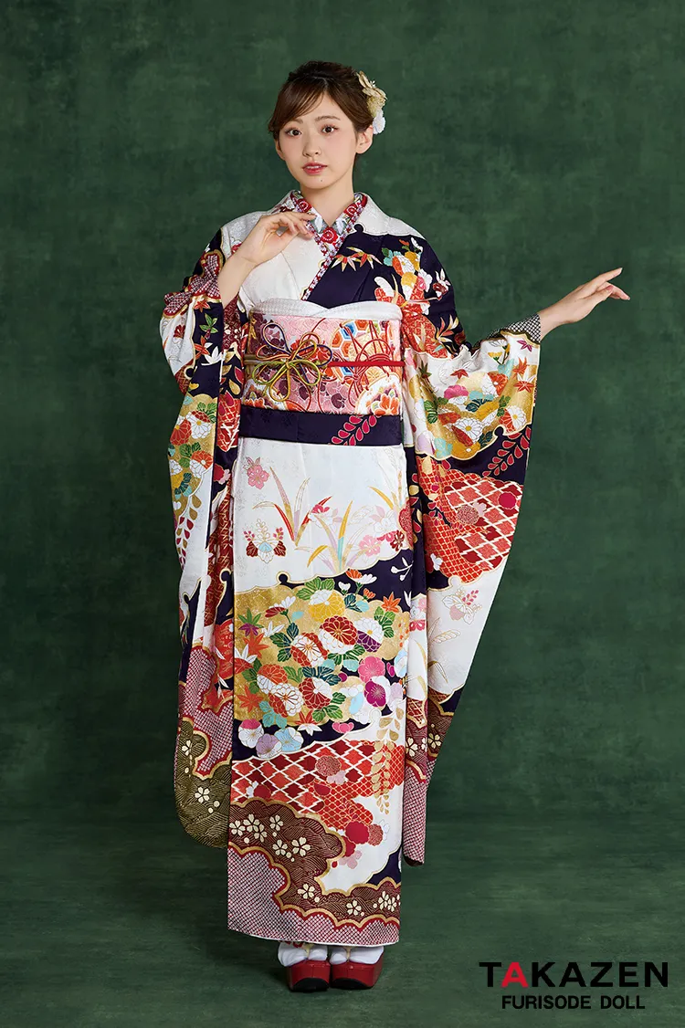 高級古典振袖　青柳/最高級絞り手描友禅　白/紺/赤　柄小さめ　高級古典振袖ネットレンタル　おしとやか　綺麗　村上なずな　26051