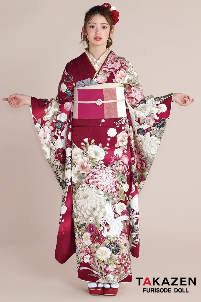 最新作正統派古典　ワインレッド/エンジ　乱菊柄/鶴柄　綺麗　おめでたい柄　華やか　きれいめ　南琴奈【通販可】27034