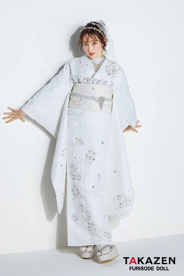 ニュースタイルデビュー“ブラックレーベル”　白/ホワイト　ジャガード生地/ケミカルレース　ビジュー付き振袖ネットレンタル　エレガント　周防ジゼル　25079