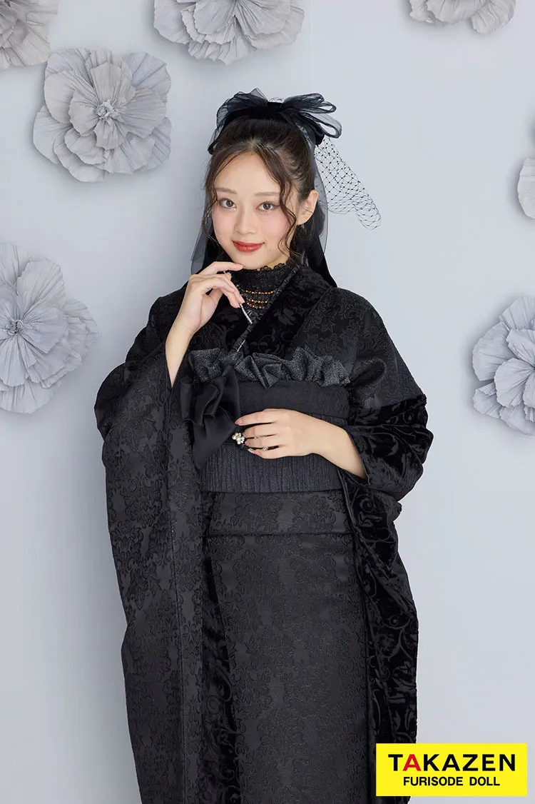 くすみカラーレトロ　黒　ジャガード生地/ベルベット　お洒落　アンティーク調　レースインナー/プリーツスカート　南琴奈　25014