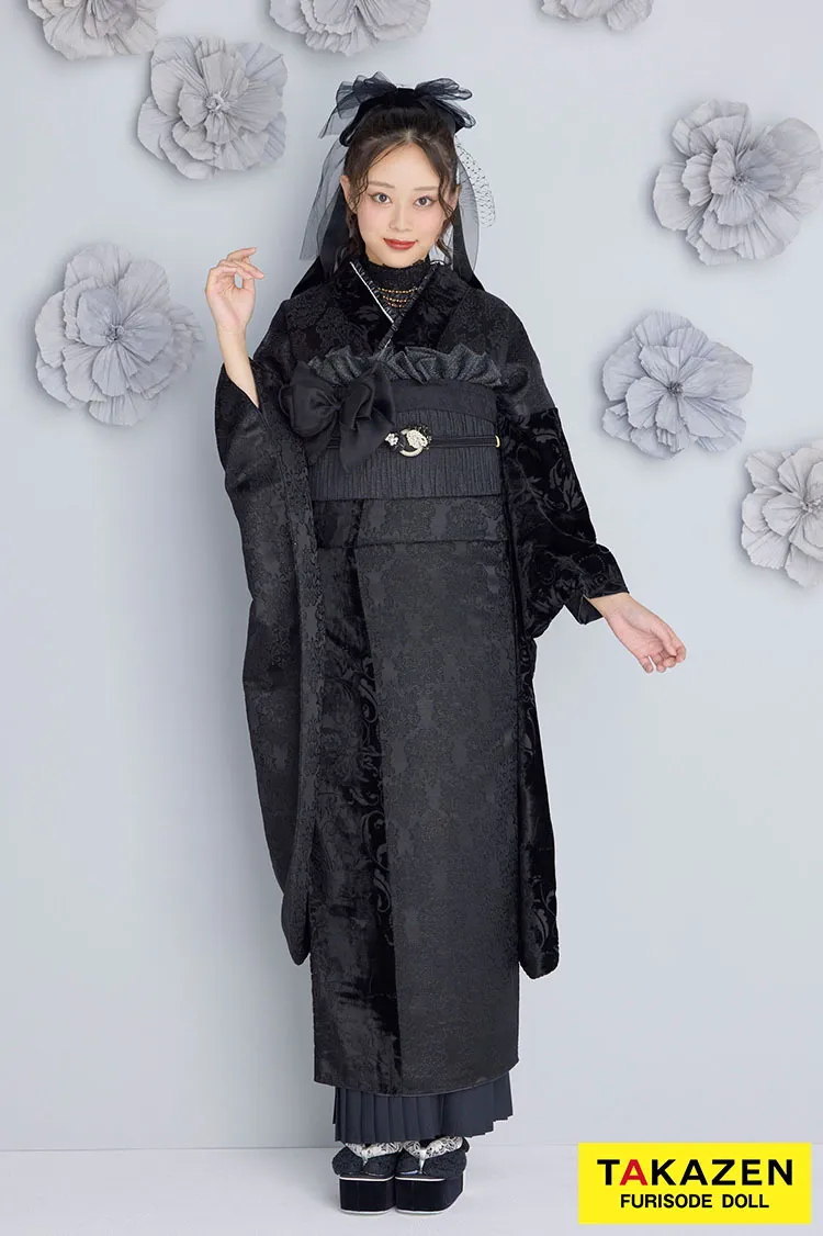 くすみカラーレトロ　黒　ジャガード生地/ベルベット　お洒落　アンティーク調振袖ネットレンタル　レースインナー/プリーツスカート　佐藤不二子　25014
