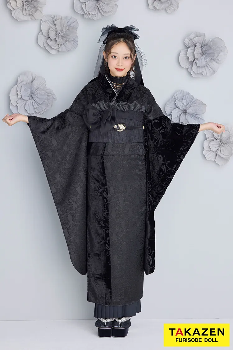 くすみカラーレトロ　黒　ジャガード生地/ベルベット　お洒落　アンティーク調振袖ネットレンタル　レースインナー/プリーツスカート　佐藤不二子　25014