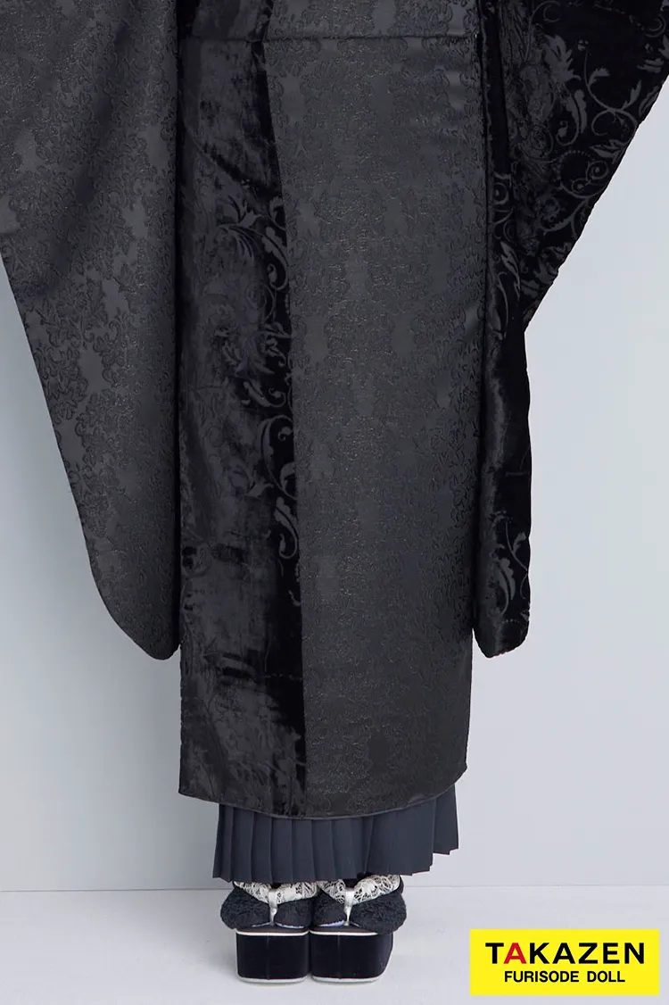 くすみカラーレトロ　黒　ジャガード生地/ベルベット　お洒落　アンティーク調振袖ネットレンタル　レースインナー/プリーツスカート　佐藤不二子　25014