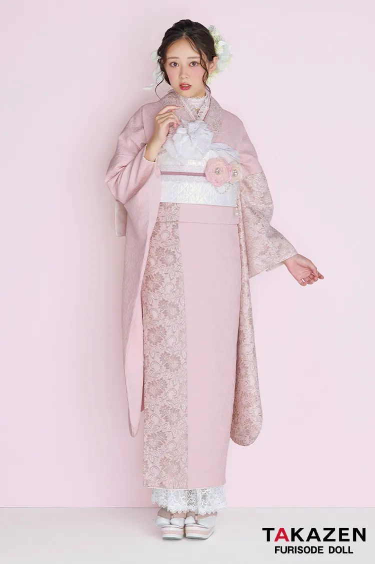 くすみカラーガーリー　ピンク/淡い色　無地　レース/ジャガード生地　かわいい振袖ネットレンタル　フェミニン　量産型　レースインナーコーデ　佐藤不二子　26055