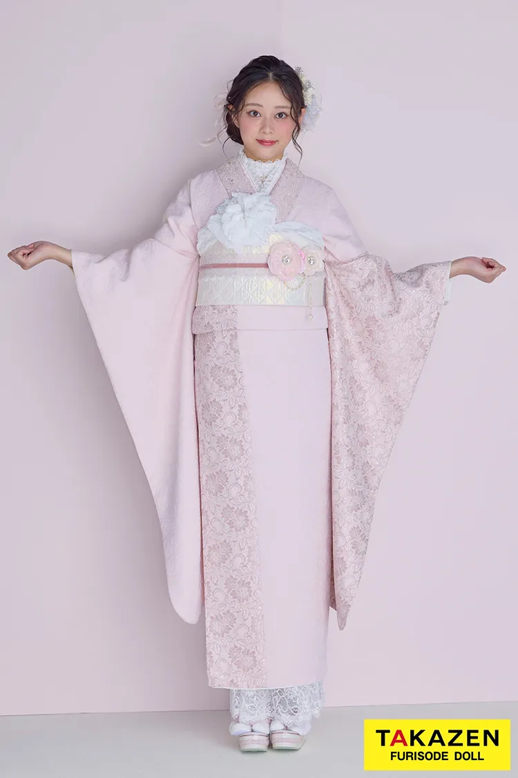 くすみカラーガーリー　ピンク/淡い色　無地　レース/ジャガード生地　かわいい振袖ネットレンタル　フェミニン　量産型　レースインナーコーデ　佐藤不二子　26055