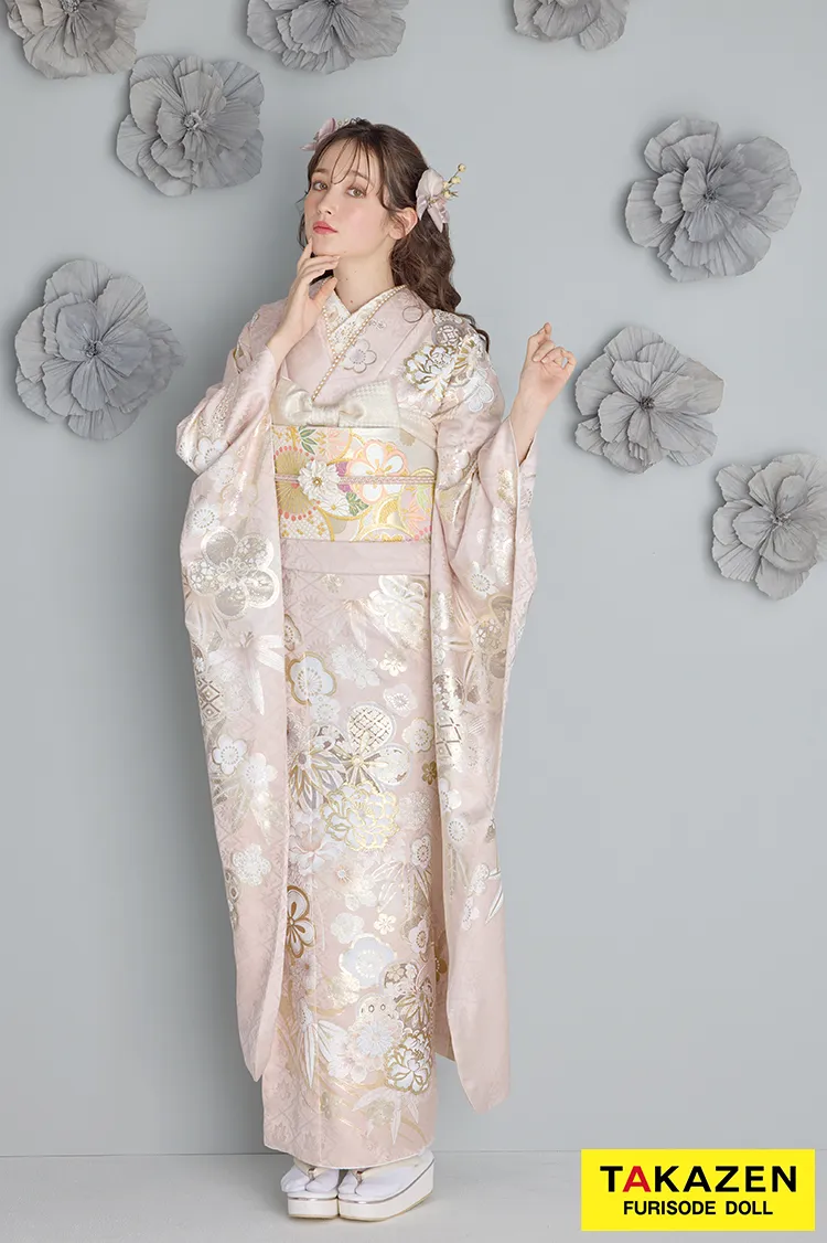 最新作くすみカラー古典　ピンク淡い色　桜柄　かわいい　清楚　上品　今どき　トレンド振袖ネットレンタル　周防ジゼル　27055