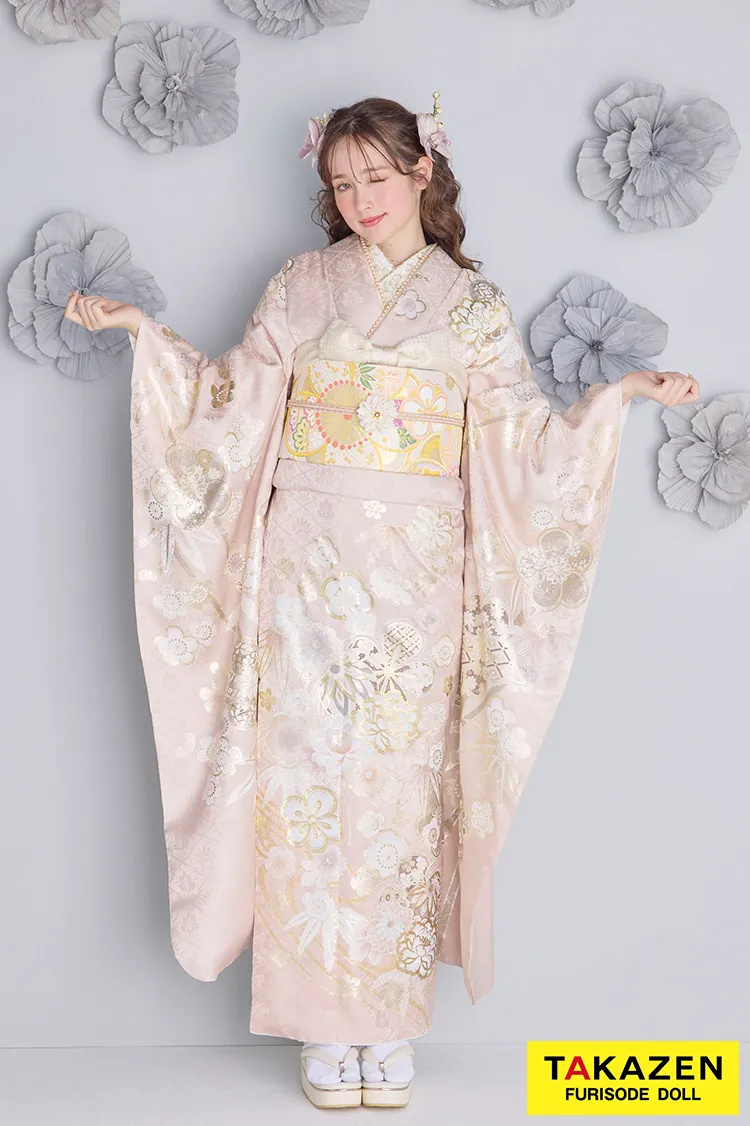 最新作くすみカラー古典　ピンク淡い色　桜柄　かわいい　清楚　上品　今どき　トレンド振袖ネットレンタル　周防ジゼル　27055
