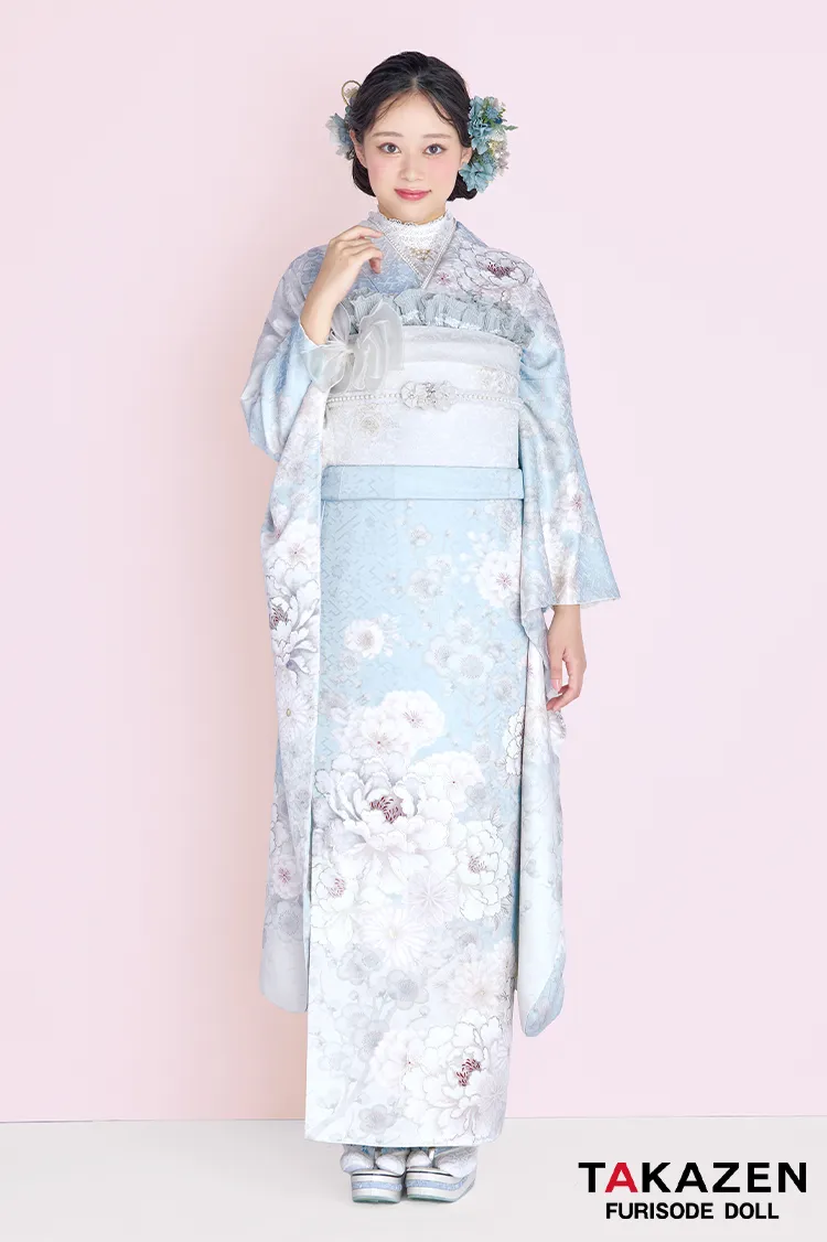 くすみカラーガーリー　水色/アイスブルー/淡い色　牡丹柄　かわいい　流行　おしゃれ　ワントーンコーデ　綺麗　藤岡舞衣　26058