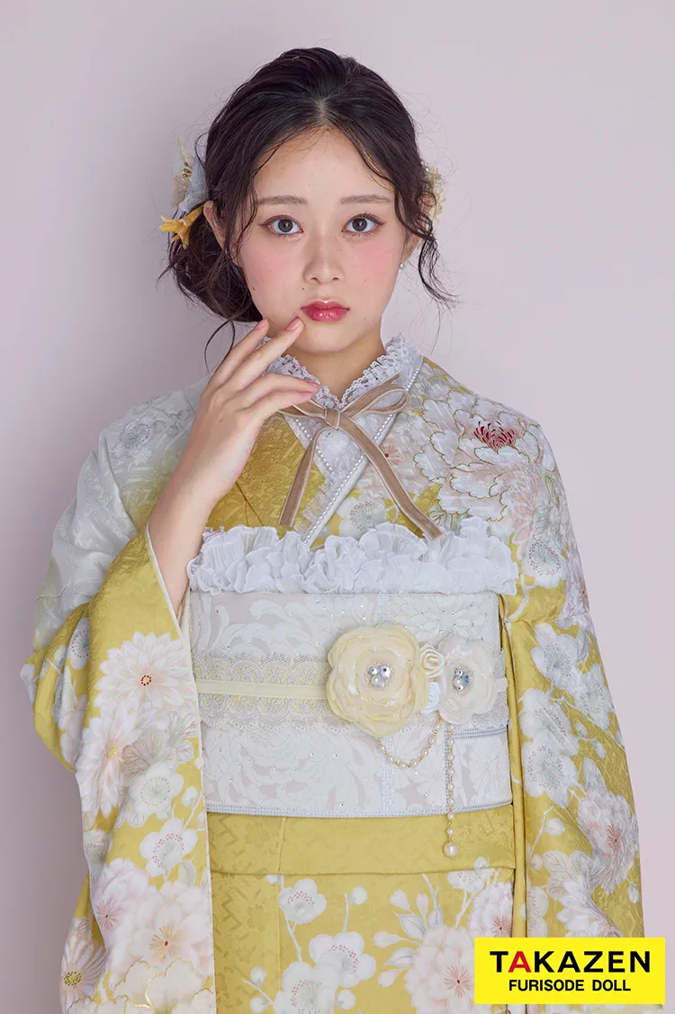 くすみカラーガーリー イエロー/黄色/淡い色 牡丹柄 かわいい レース