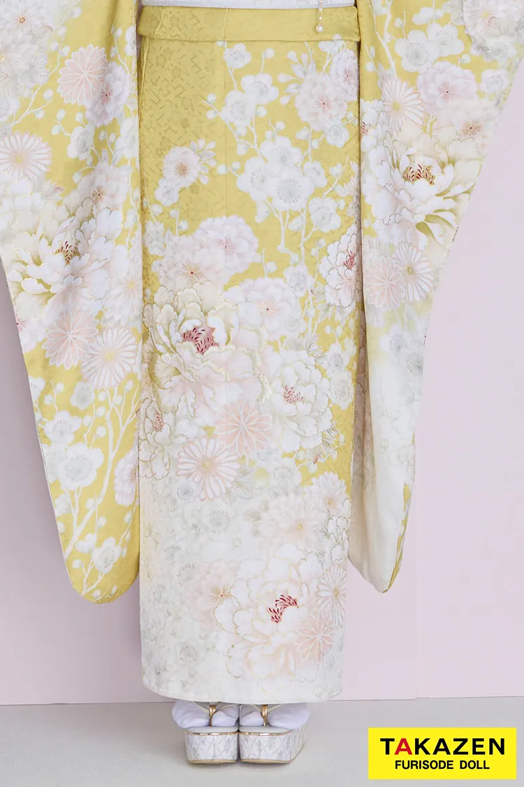 くすみカラーガーリー イエロー/黄色/淡い色 牡丹柄 かわいい レース