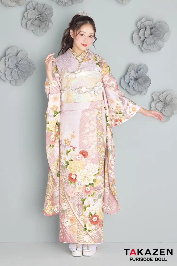 最新作くすみカラー古典　ピンク　牡丹柄　かわいい　はんなり　イマドキ　上品な振袖ネットレンタル　佐藤不二子　27057