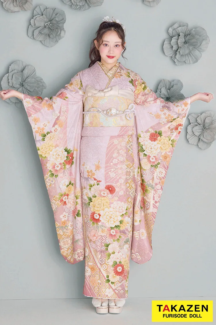 最新作くすみカラー古典　ピンク　牡丹柄　かわいい　はんなり　イマドキ　上品な振袖ネットレンタル　佐藤不二子　27057