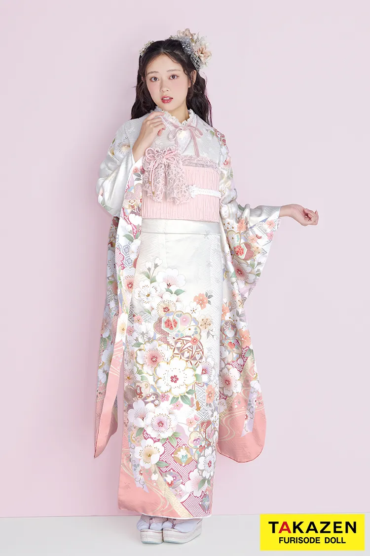 最新作くすみカラーガーリー　ピンク　古典柄　かわいい　おしゃれ　トレンド　レース小物コーデ振袖ネットレンタル　佐藤不二子　27058