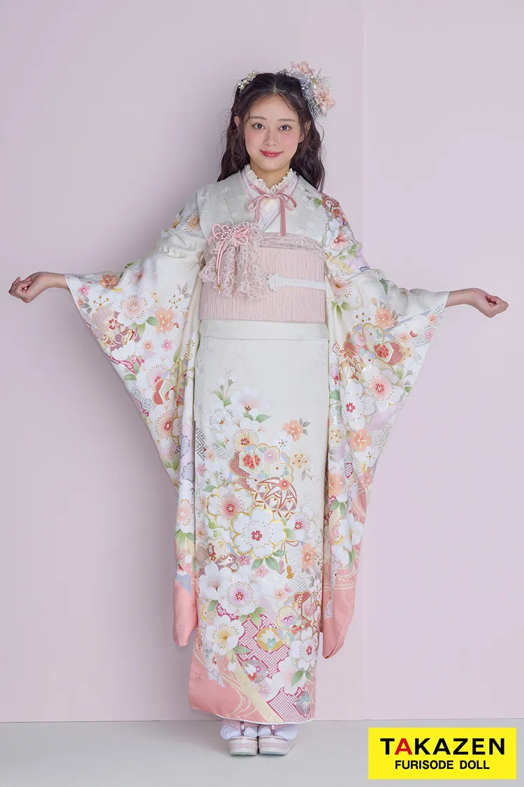 最新作くすみカラーガーリー　ピンク　古典柄　かわいい　おしゃれ　トレンド　レース小物コーデ振袖ネットレンタル　佐藤不二子　27058