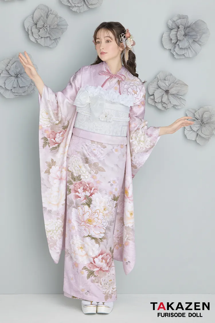 くすみカラーガーリー　薄ピンク/淡い色　牡丹柄　かわいい　トレンド　リボンコーデ振袖ネットレンタル　フェミニン　周防ジゼル　26057